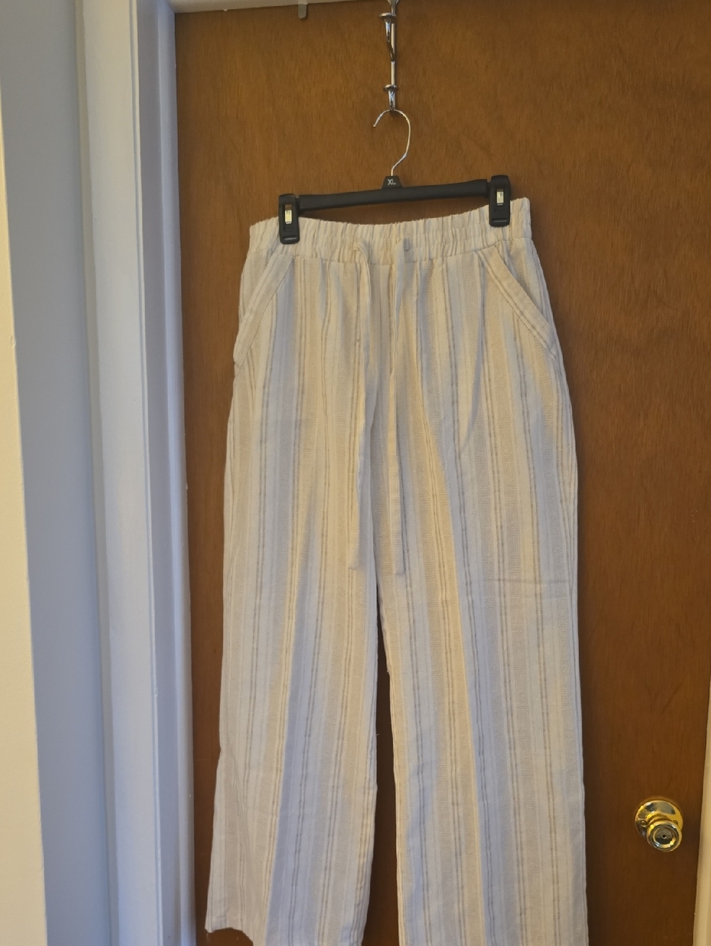 Sienna Sky Wide-Leg Striped Linen-Blend Pants in Cream and Light Blue